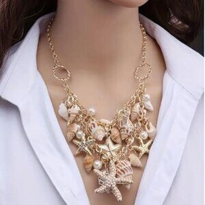 NEW Gold and White Shells Pearls Layered Beach Charm Necklace